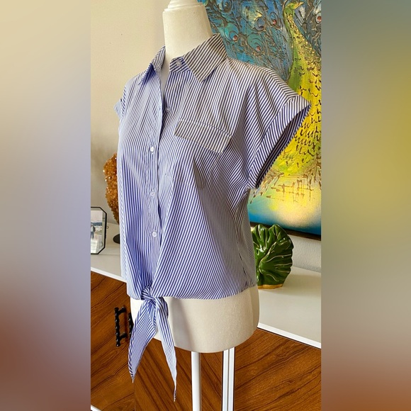 ANTONIO MELANI Poplin Front Tie Button Down Blouse | Blue White Stripe | Size XS - Picture 3 of 7